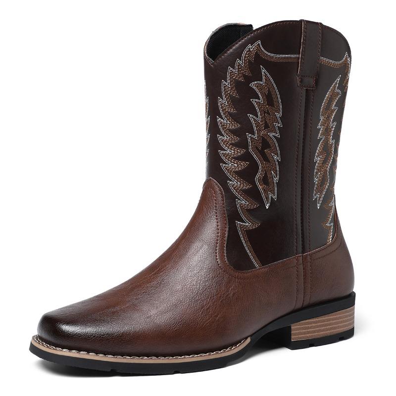 Fashion Men's Western Boots Fashion Mid-calf Cowboy Boots Retro Handmade Embroidery High-top Boots Men Casual Leather Boot Knight Botas