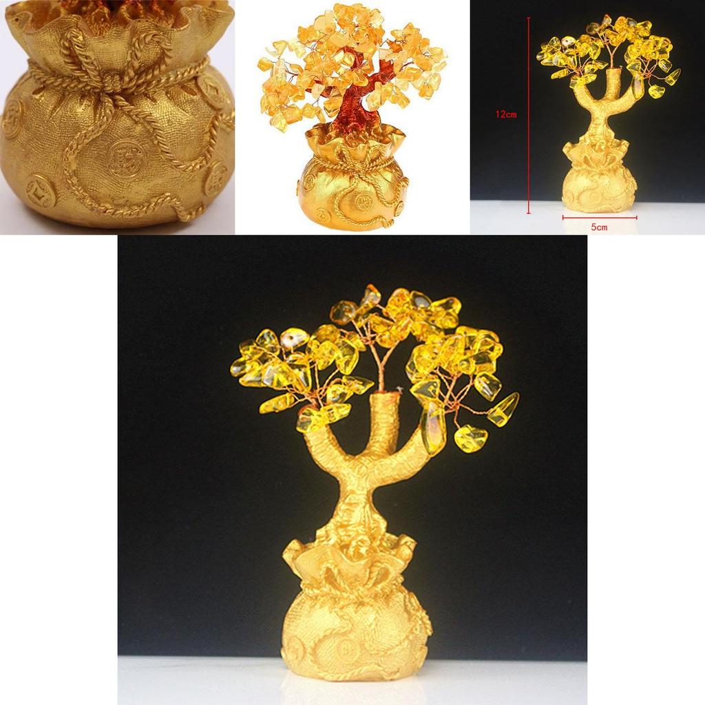 Exquisite Feng Shui Money Tree Featuring Yellow Citrine And Amethyst Crystal Leaves