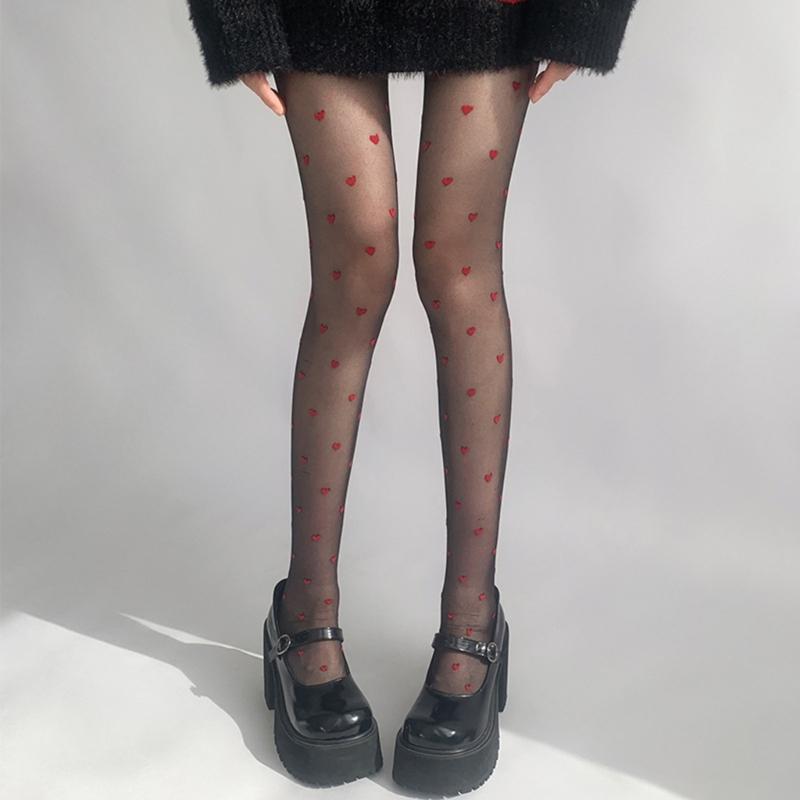 Japanese Street Fashion Pantyhose Romantics Heart Dots Patterned Sheer Tights Ultra Thin Lightweight Leggings for Women