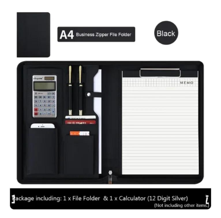 PU Leather Business with Zipper All-in-One Presentation Slot of Portfolio Solar Calculator and Card Storage Writing Pad