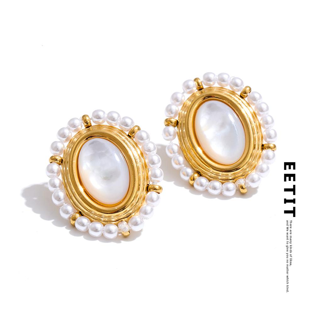 Eetit France Style Fashion Stainless Steel Stud Earrings Inlaid Thicker Natural Shell Stone Imitation Pearls Waterproof Jewelry