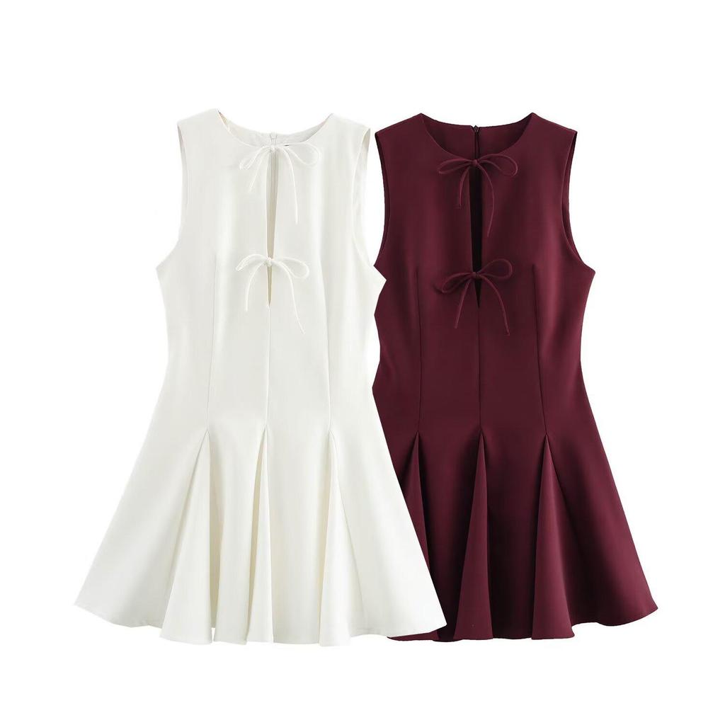 2025 Spring Women's Slim Fit Dress with Bow and Flared Hem