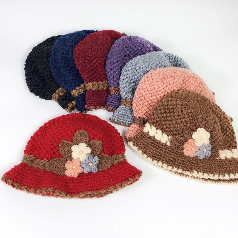 Plush Knitted Bucket Hat Warm Floral Crochet Hat Fashionable Yarn Cloche Hat Winter