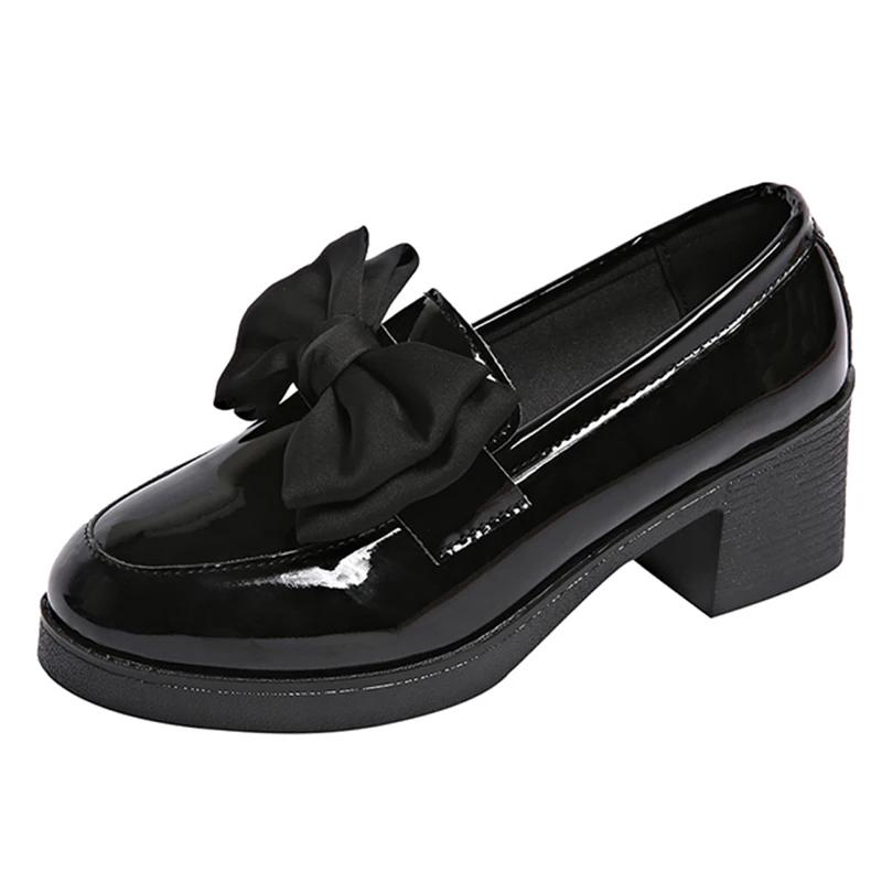 Fashion ZOKI 2025 Spring Sweet Bowknot Square Heel Pumps Woman Black Patent Leather Women's Loafers Platform Slip On Shoes for Women