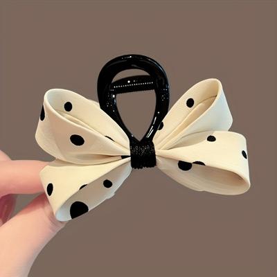 1PC Fabric Black and White Contrasting Color Polka Dot Grab Clip, New Exquisite Bow Shark Clip Hairpin Woman, Suitable for Dating and Daily Wear