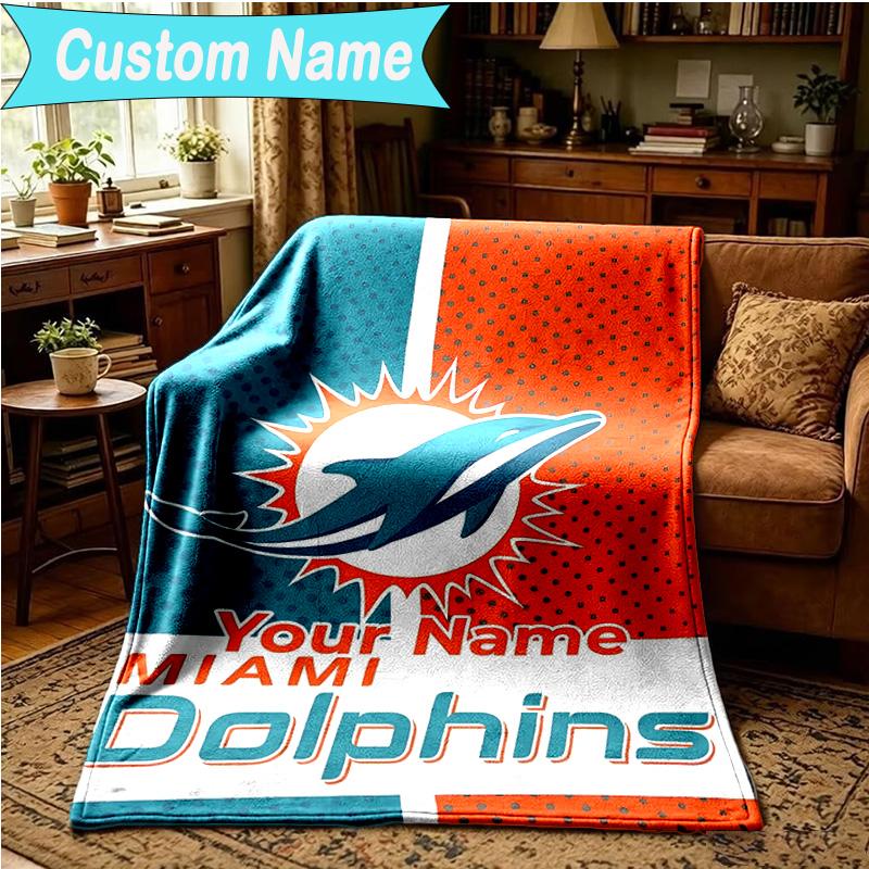 1PC Custom Name Blanket Dolphins Team Flannel Blankets Patterns Throw Blanket All-Season Soft Gift for Couch, Bed, Camping, Birthday Gifts