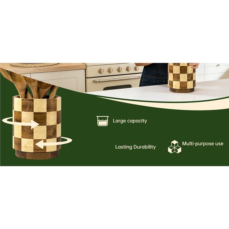 Wooden Utensil Holder For Kitchen, 360° Rotating Wood Large For Countertop Utensil Storage Rack