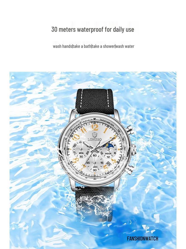 LONGBO Men's Luxury Multifunctional Quartz Watch - Nylon Strap, Waterproof, Hot-Selling