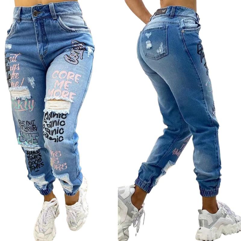 Womens High Waist Slim Fit Jeans Ripped Distressed Denim Pants Streetwear