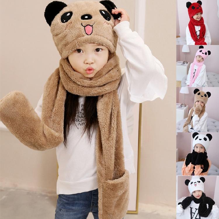 Kapuzenschal Mütze Nackenwärmer mit Tasche Fäustlinge Panda Ohren Kinder Plüsch Ohrenklappenmütze