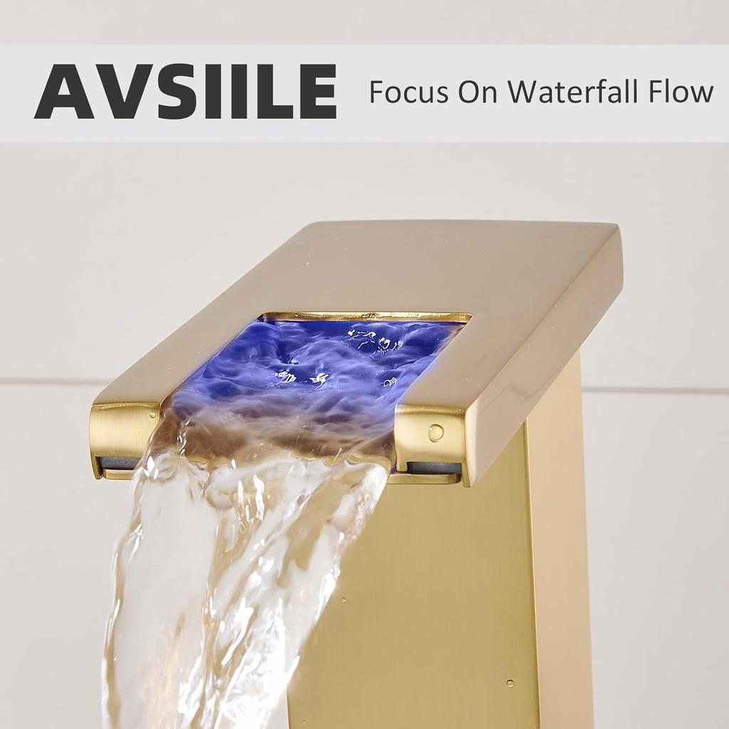LED Waterfall Bathroom 3 holes Basin Faucet, 2 Handles Cold Hot Water Mixers Sink Tap RGB Color Change Powered by Water Flow