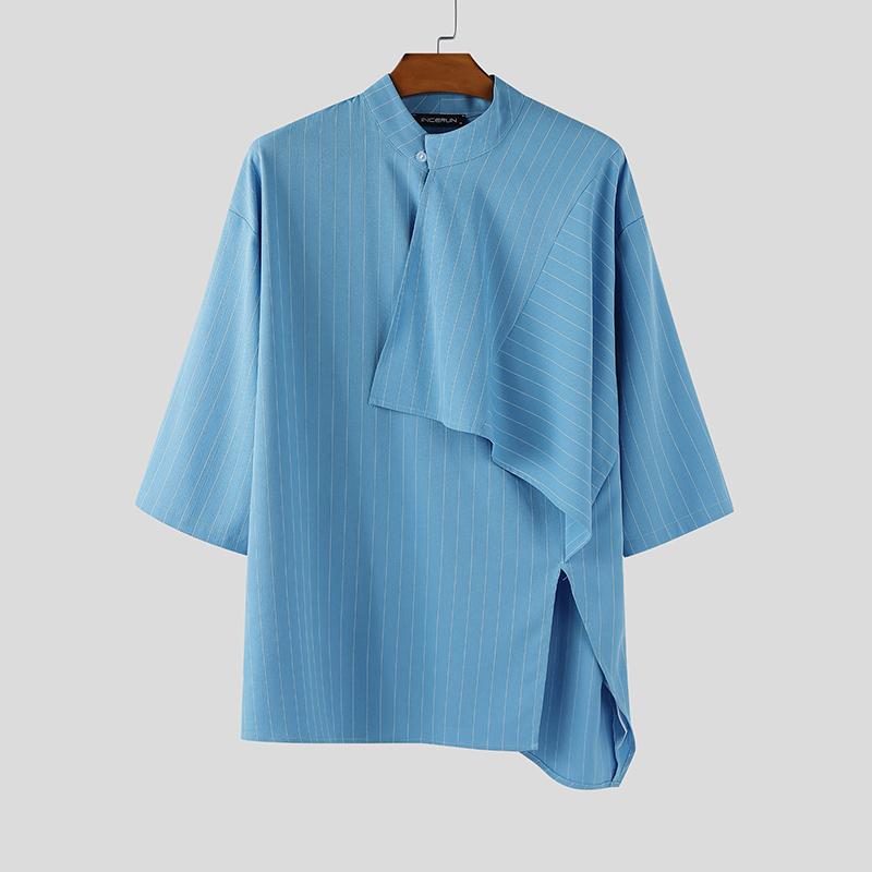 

INCERUN Men Stand Neck Half Sleeve Irregular Front Cross Striped Casual Shirts Tops 5XL синий
