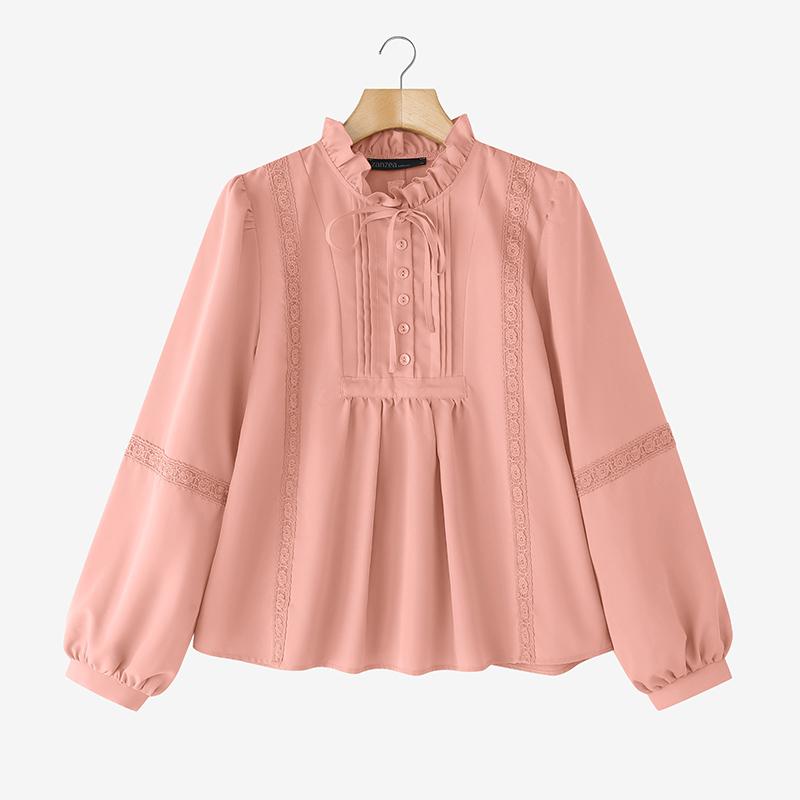 ZANZEA Women Casual Round Neck Long Sleeve Lace Patchwork Loose Blouse