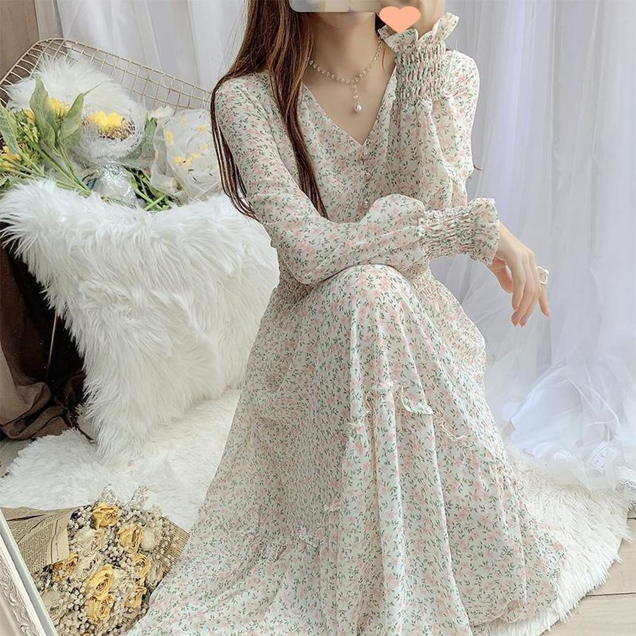 Floral Print Chiffon Dress Long Dress Women Spring New Korean Style Fairy Dress Ruffled Maxi Skirt