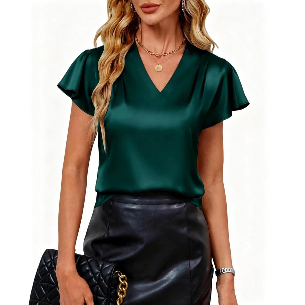 Top Estivo da Donna Europeo 2026 con Scollo a V in Chiffon Pieghettato Ampio a Manica Corta
