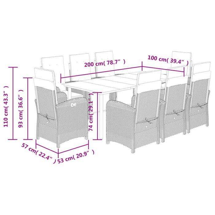 VidaXL Ensemble à Manger de Jardin avec Coussins 9 pcs, Table et Chaises avec Dossier et Repose-pied Réglables 3212611
