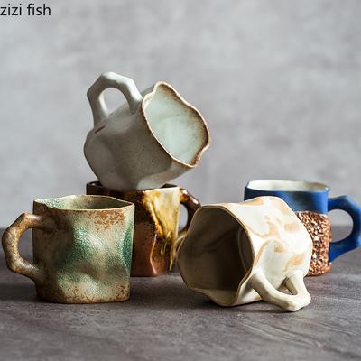 Irregular Shape Ceramic Tea Coffee Cups Retro Drinkware Milk Coffee Mug Home Kitchen Desktop Juice Cup Spoons Handheld Type Mugs