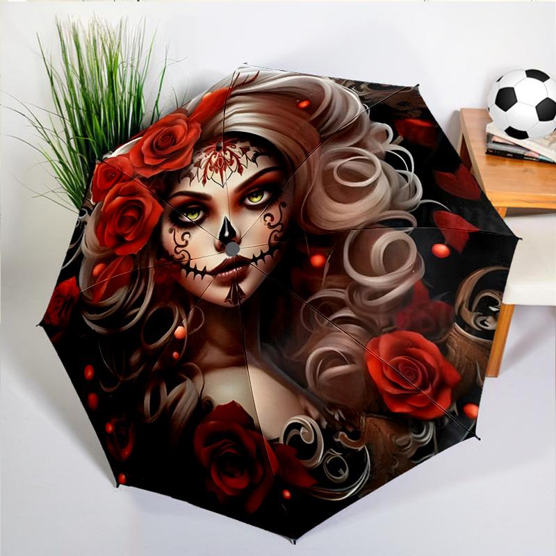 Sugar Skull Rose Umbrella Automatic Open/close, Sturdy Iron Frame & 8-Rib Structure, Umbrella for Women & Men, Christmas Gifts