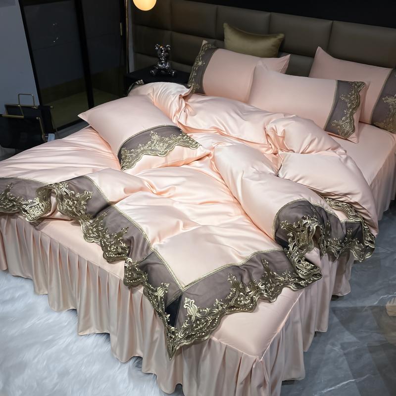 Luxury Bedding Set 3Pcs Duvet Cover Set King Size  Bed Skirt Lace Double Side Washed Silk Design Reactive Printing Sleep Coolly