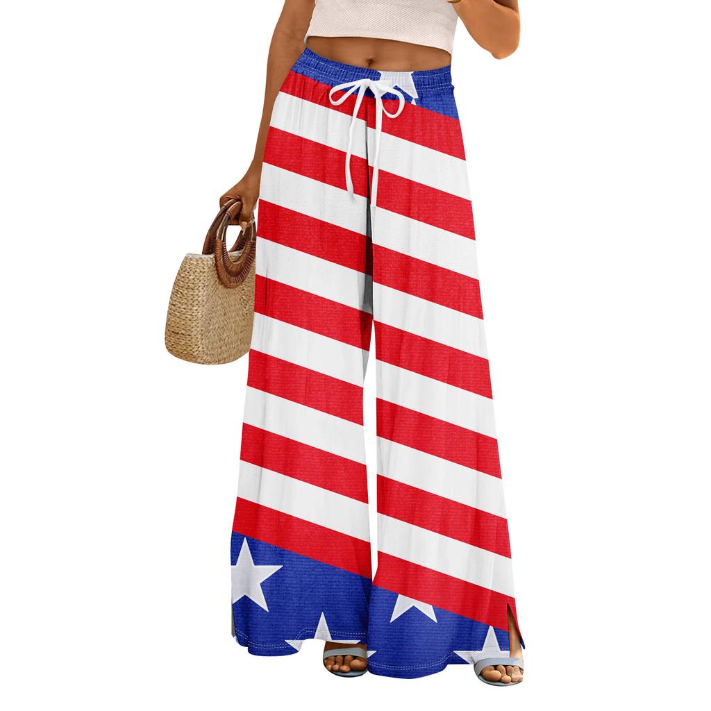 Damen Sommer Boho Palazzo Hose Hohe Taille Weites Bein Independence Printing Freizeithose mit Taschen