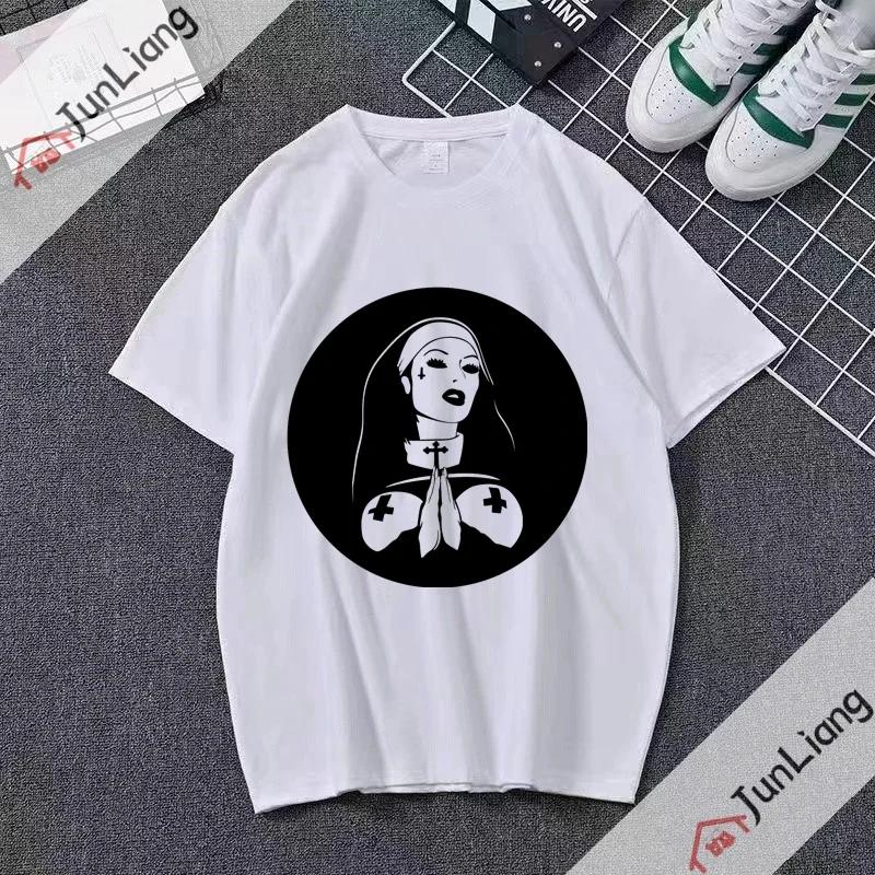 Smoking and Drinking Nuns Religious T-shirt, Cute Unisex T-shirt Short Sleeved Summer Crew-neck Plus Size Breathable Clothing