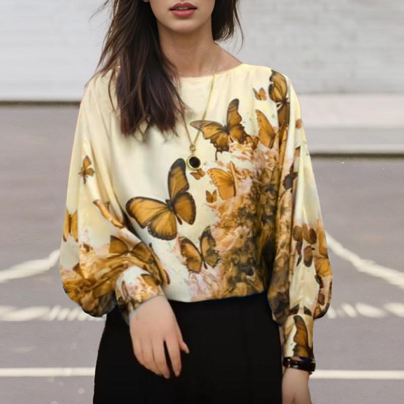 

ZANZEA Жіночі осінні блузки з принтом з круглим вирізом і довгим рукавом коричневий