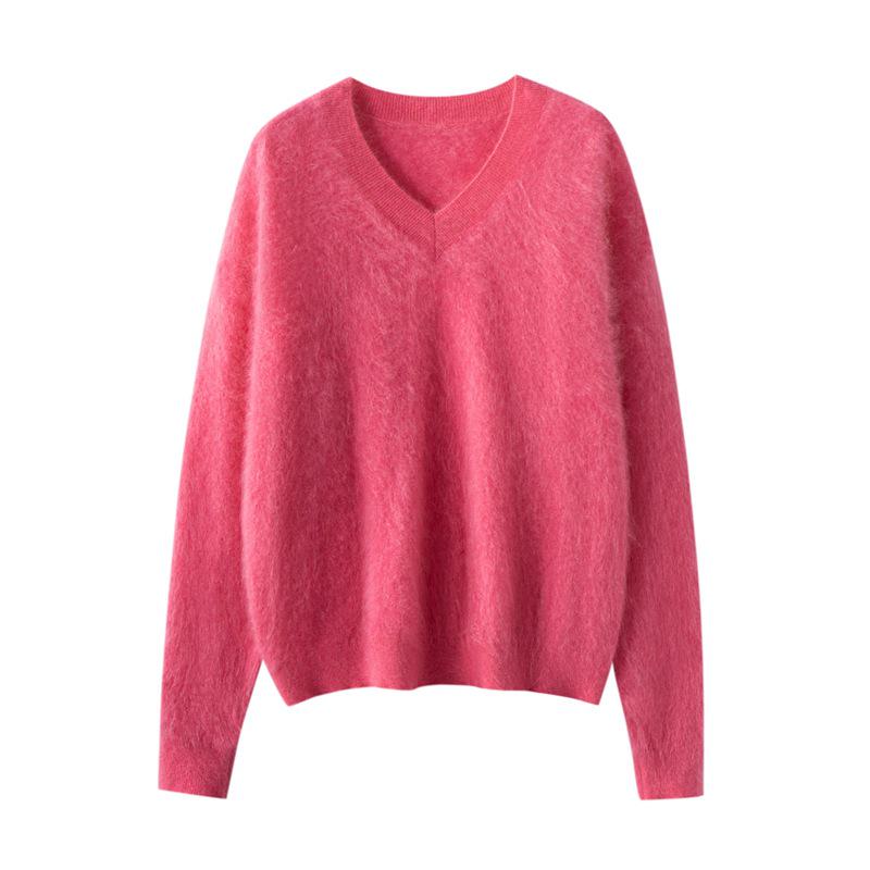 Versatile Cashmere Silk V-Neck Brushed Solid Color Loose Knit Pullover Sweater