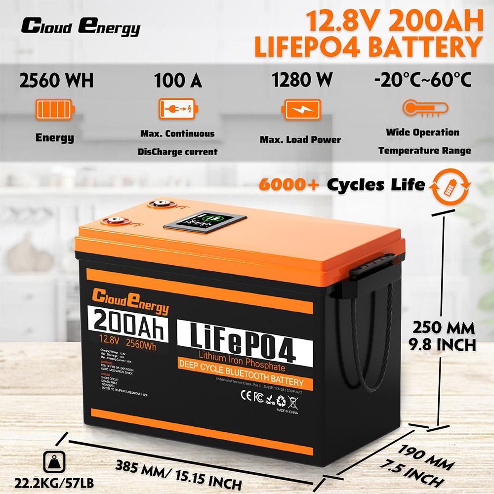 Cloudenergy 12V 200Ah LiFePO4 Akku-Pack Notstrom, 2560Wh Energie, 6000+ Zyklen, Eingebautes 100A BMS