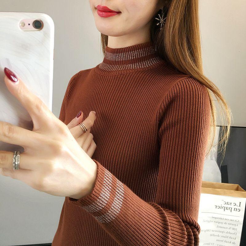 Camisa negra básica, camisa de punto de manga larga para mujer, primavera y otoño, suéter ajustado y adelgazante de cuello medio alto para otoño e invierno.