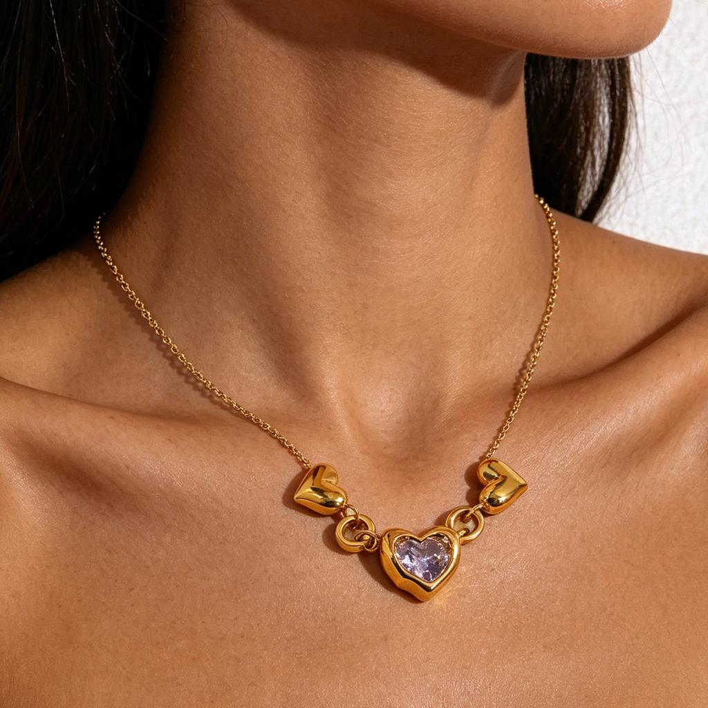 JUSNOVA 18K PVD Gold Plated Stainless Steel Melting Metal Heart Pendant Necklace Waterproof CZ Lava Bead Chain Jewelry for Women