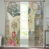 Old London England Poster Art Clock Tower Car Tulle Sheer Window Curtains for Living Room Bedroom Voile Organza Curtains Drapes