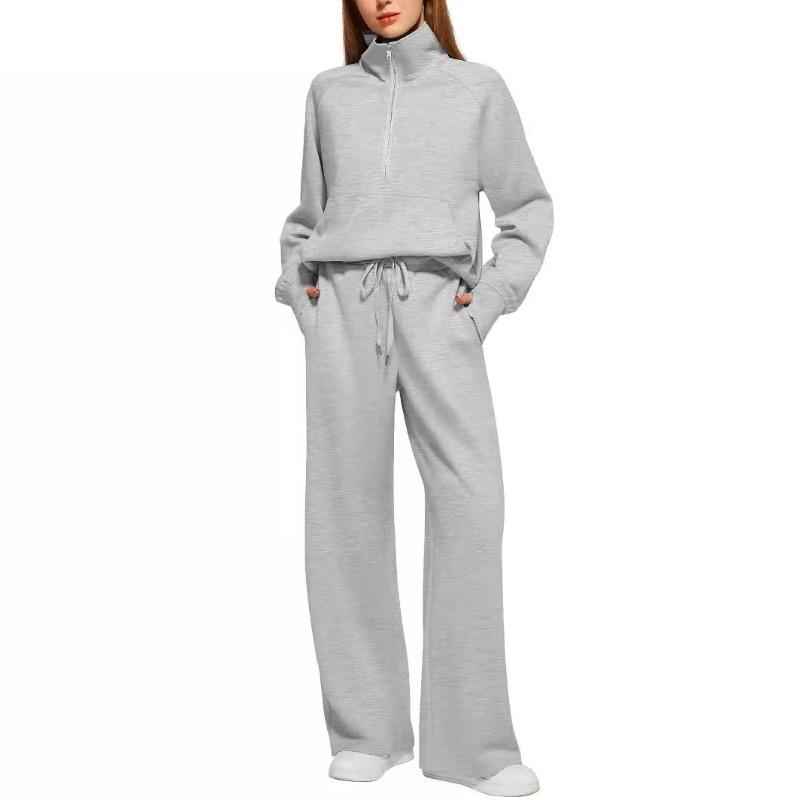 Damen Zweiteiler Oversized Halbreißverschluss Sweatshirt und Weite Hose Lässiges Set