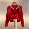 Women's V Neck Silk Top with Pearl Chain, Off White and Multiple Colors