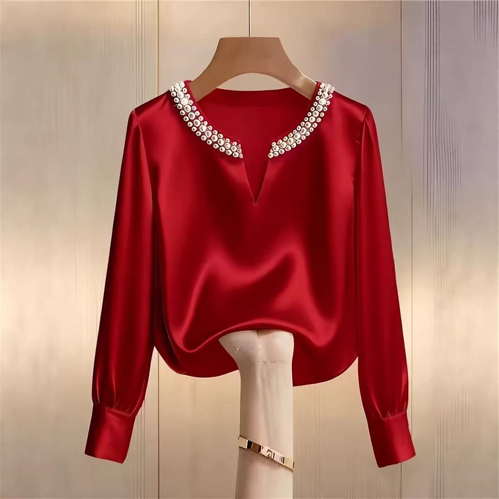 Women's V Neck Silk Top with Pearl Chain, Off White and Multiple Colors