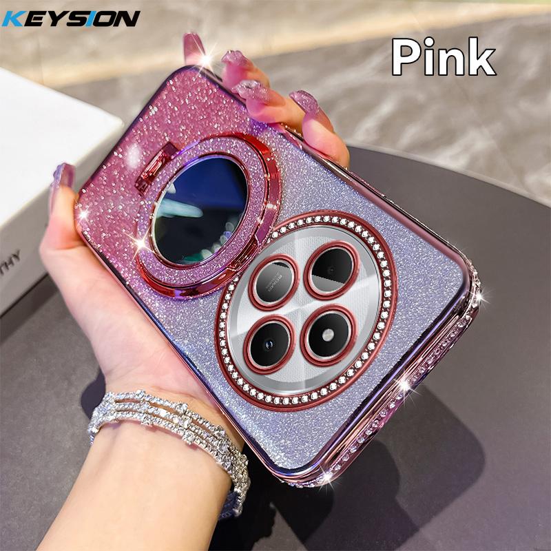 

KEYSION Роскошный блестящий магнитный чехол для телефона с драгоценными камнями для Redmi 14C, подставка-зеркало для макияжа, ударопрочная задняя крышка для Xiaomi POCO C75 for POCO C75 розовый