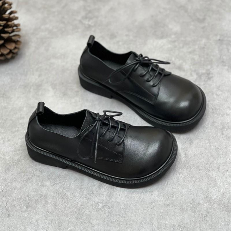 Johnature Damen-Pumps aus echtem Leder, lässig, Retro-Stil, Rindsleder, weiche Sohle, runde Zehen, einfarbige Schnürschuhe