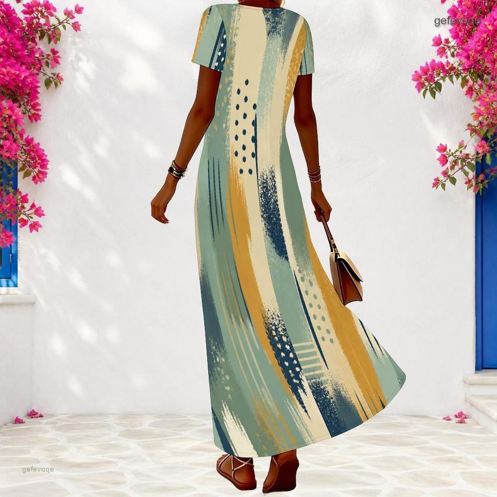 Women Plus Size V Neck Short Sleeve Printed Navy Blue Maxi Dress