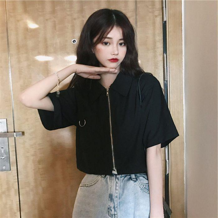 Spring and Summer New Simple Style Polo Shirt Zipper Short-sleeved Shirt Women's Design Short Cardigan Top