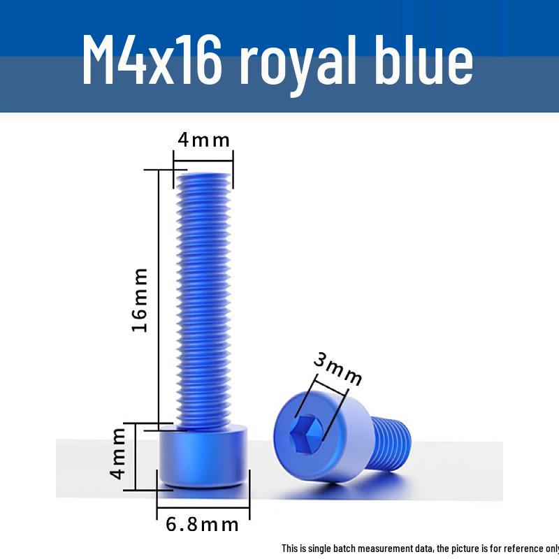 Šroub s vnitřním šestihranem M4 z eloxované hliníkové slitiny s válcovou zápustnou hlavou, antikorozní, barevná povrchová úprava.