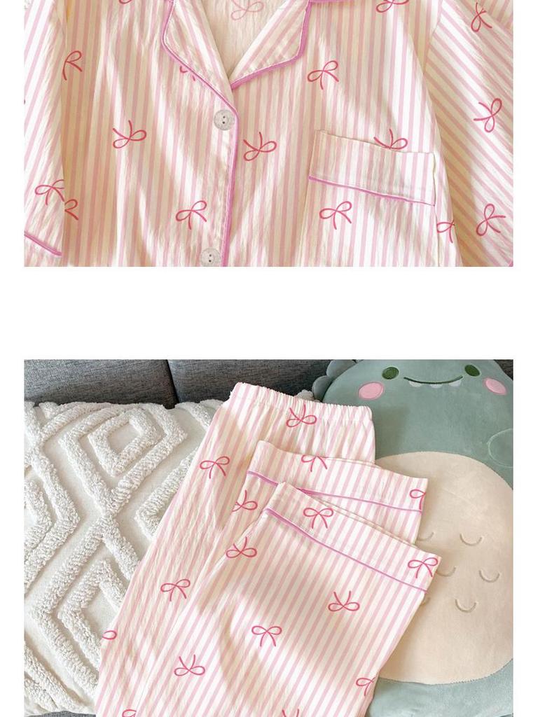 Sweet Striped Bow Print Korean Style Crinkle Pajamas Set for Women - Three-Piece, Short Sleeve Homewear.
