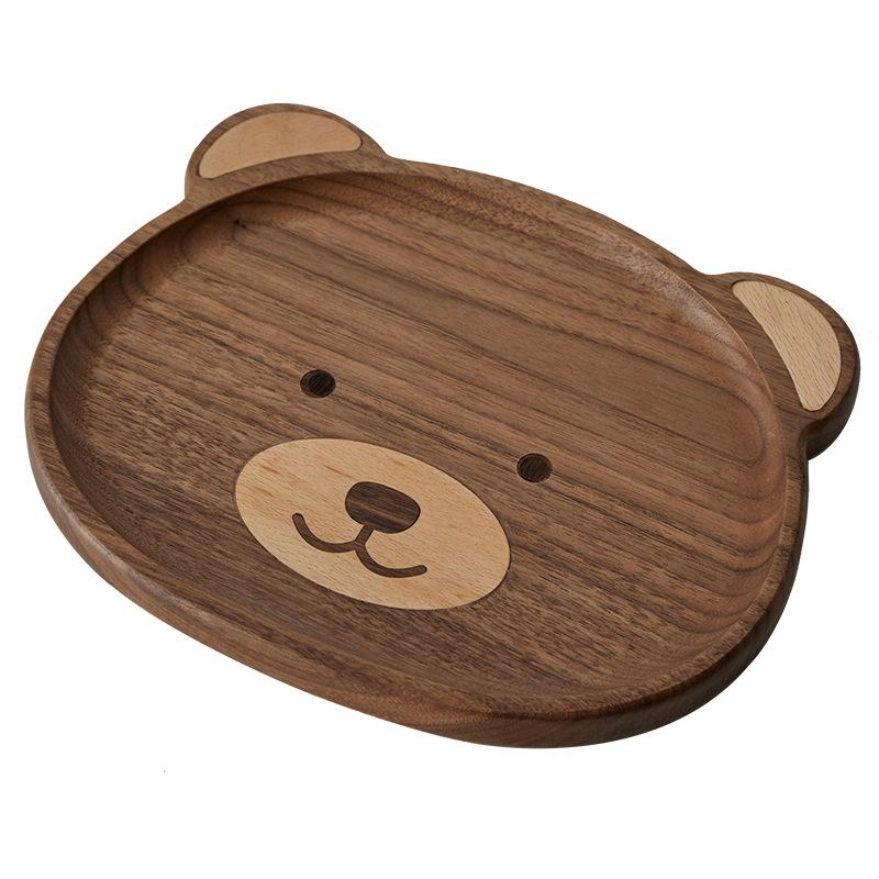 Cute Bear Plate Ebony Walnut Japanese Style High Value Wooden Plate Cartoon Fruit Serving Tray Round Bear Plate