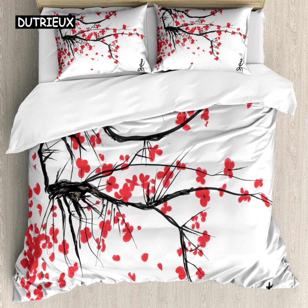 Japanese Duvet Cover Set Simplistic Cherry Blossom Tree Botanic Themed Pattern Fresh Organic Lines Bedding Set for Kids Girls