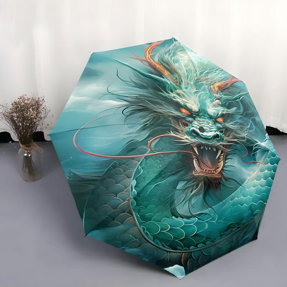 

Automatic Folding Umbrella with Fierce Green Dragon Design - 8-Rib Portable Collapsible Umbrella, Durable Plastic & Iron Frame (as the picture,Iron&8K)