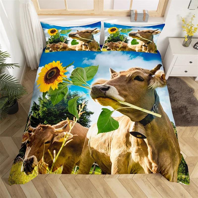 Hochlandrind Bettbezug Bulle Sonnenblume Kuh Bettwäscheset Queen Für Jungen Männer Mikrofaser Wildtiere Bauernhaus Tier Bettdeckenbezug