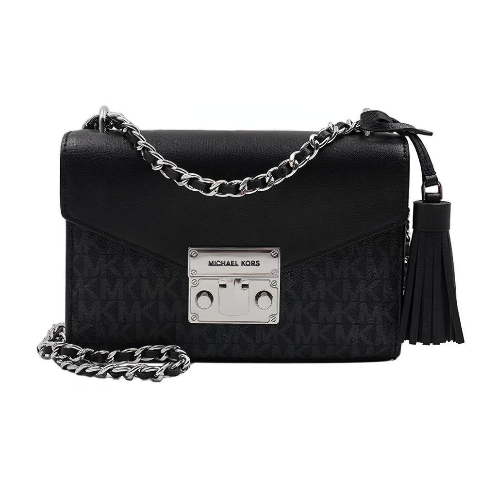 Michael Kors MK Rose Vintage Floral Print Tassel Chain Flap Commuter Leather Shoulder Crossbody Bag Medium Women Bags Black 35T0SXOC1B-001