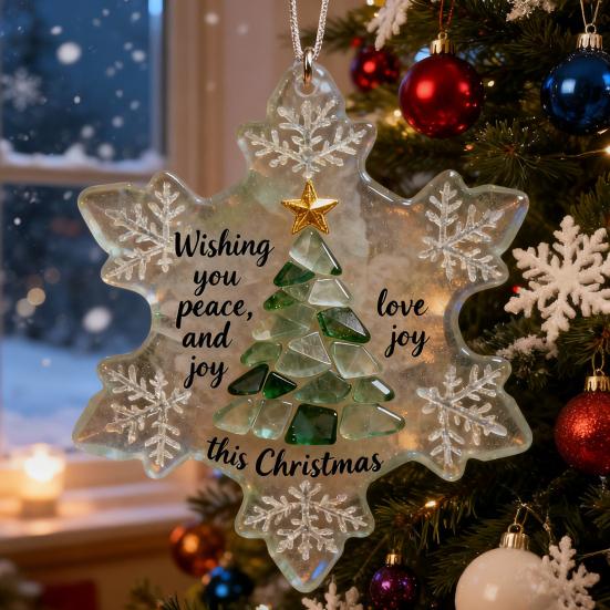 Snowflake-Shaped Sea Glass Christmas Tree Ornaments Coastal Inspired Seaglass Keepsake for Christmas Tree Hanging Decoration