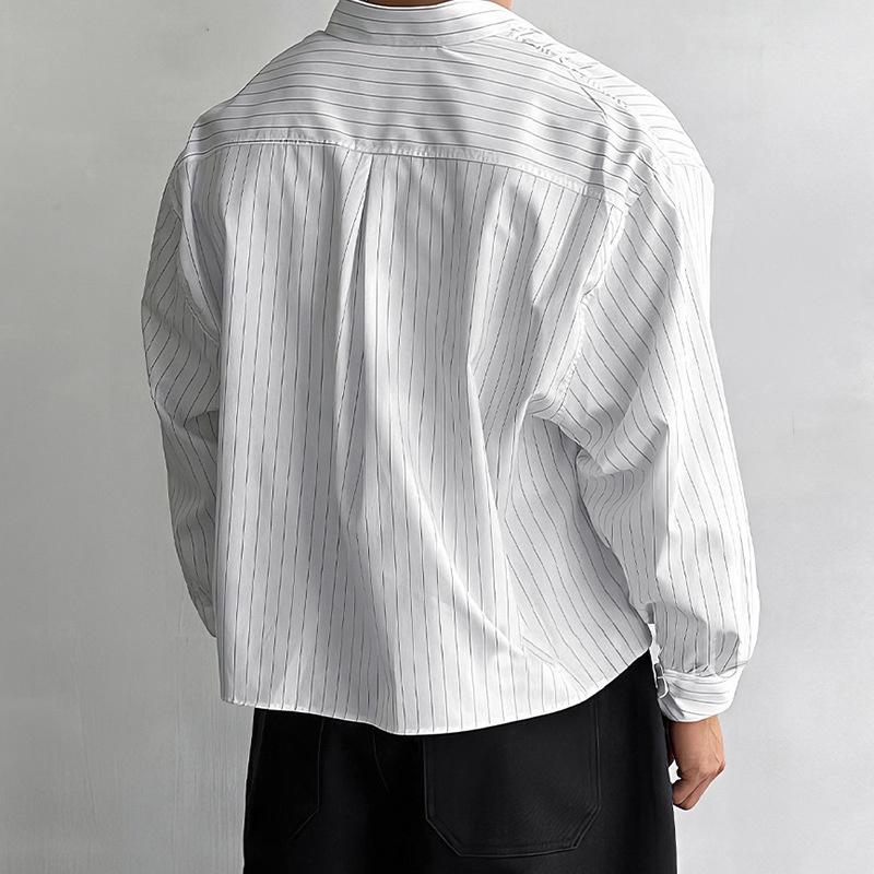 2026 Spring and Autumn New Men's Long-Sleeve Striped Shirt, Loose Short Base Shirt