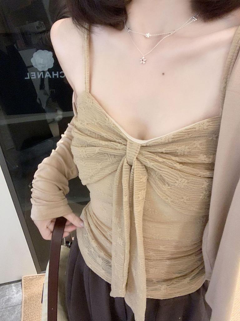 New Autumn Plus Size Women's Lace Bow Camisole Cardigan