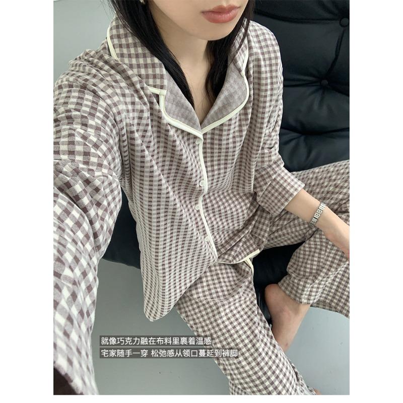 

Клетчатая пижама с лацканами трех контрастных цветов, женский осенне-зимний новый теплый костюм, ленивая свободная и стройнящая домашняя одежда average size (80-70kg)