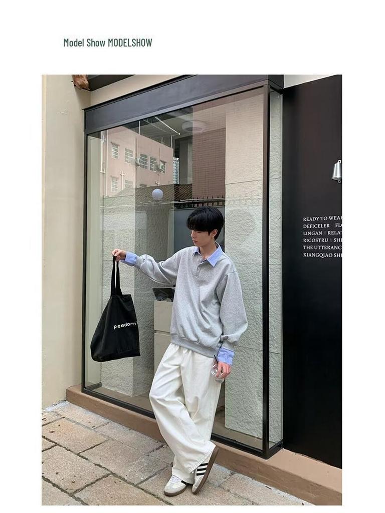 Men's American Minimalist Retro Two-Piece Style Sweatshirt: Autumn Loose Casual Preppy Long-Sleeved Top with Shirt Collar.